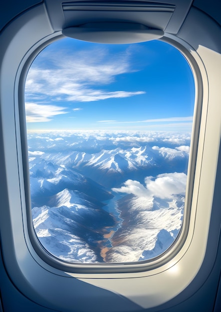 an airplane window with a view of a mountain range Window view from plane window