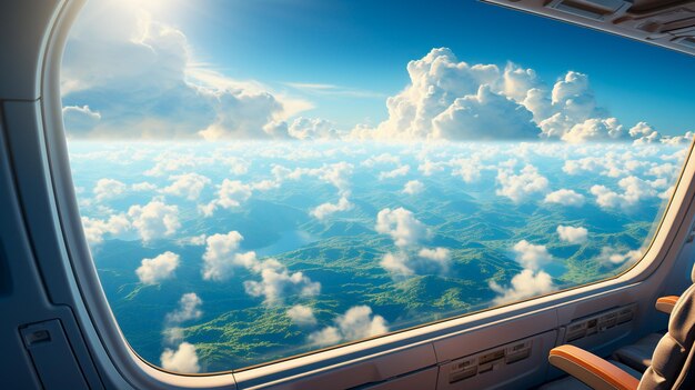 写真 青い空の雲の上の飛行機の翼