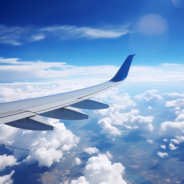 Airplane wing on blue sky background 3d render illustration