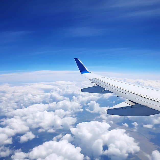 Airplane wing on blue sky background 3d render illustration