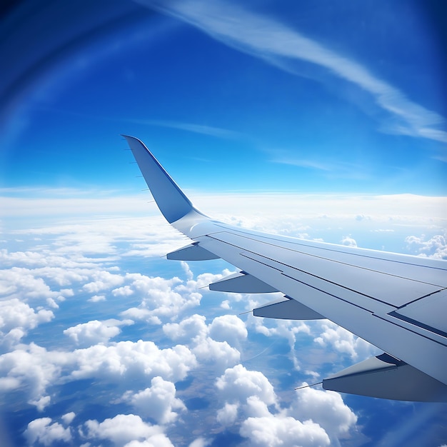 Airplane wing on blue sky background 3d render illustration