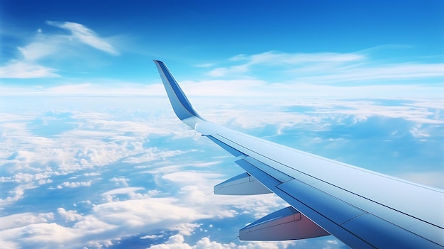 Airplane wing on blue sky background 3d render illustration