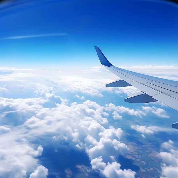 파란 하늘과  구름 배경에 있는 비행기 날개 3d 렌더링