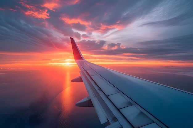 夕暮れ に 照らさ れ て いる 飛行機 の 翼