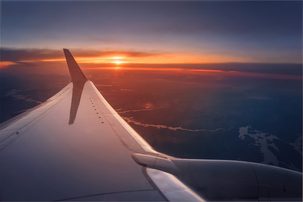 活気に満ちた夕日の飛行機の翼