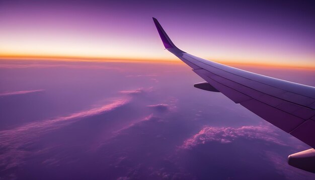 Airplane wing view during sunset with fantastic purple colors