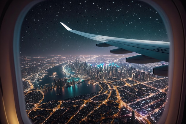 Airplane wing with night city skyscraper lights in the background AI generative