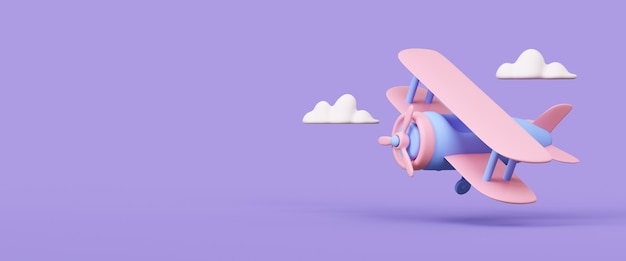 Airplane with clouds on violet background 3d rendered illustration