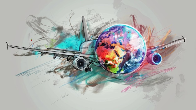 Photo airplane with colorful globe sketch on grey background travel and tourism concept