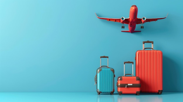 Airplane with a coordinated set of luggage on a vibrant blue background