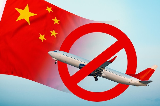 Airplane with forbidden sign and China flag No fly zone in China