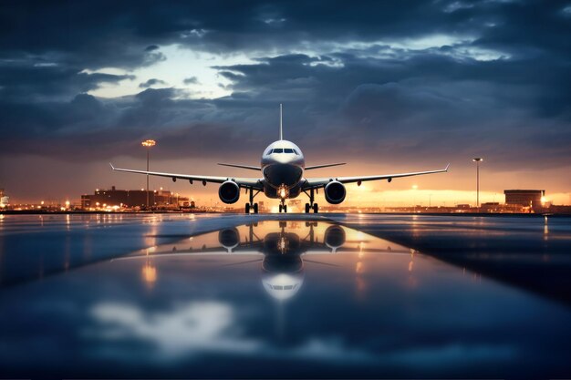 승객 들 이 탑재 한 비행기 가 저녁 에 해 가 지는 동안 현대적 인 공항 에서 이륙 한다