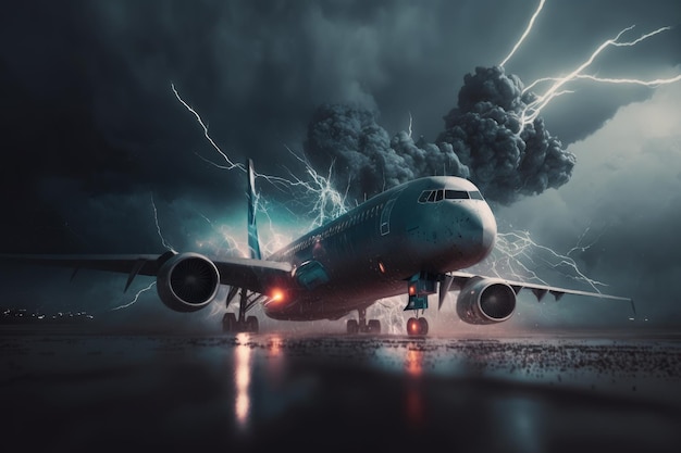 Airplane with smoke and lightning on the background of stormy sky