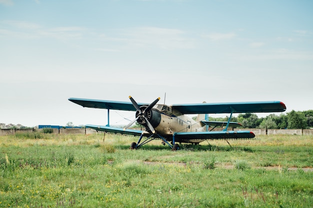 Airplanes standing on green grass. Ukraine, 2016