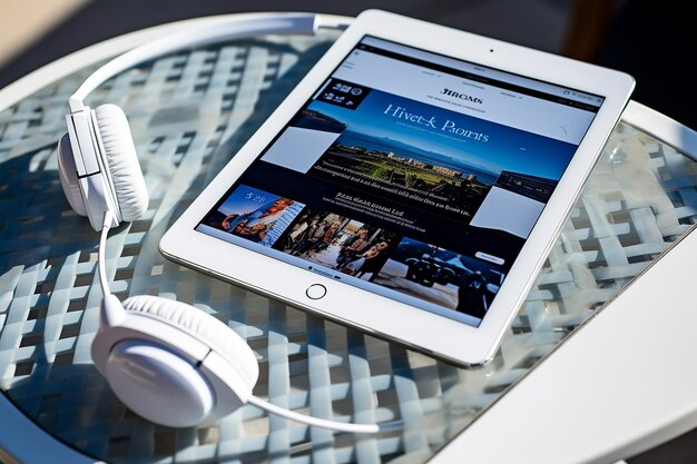 Photo airpods paired with a tablet showing multimedia use