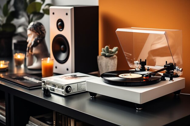 Photo airpods next to a record player and vinyl collection appealing to audiophiles