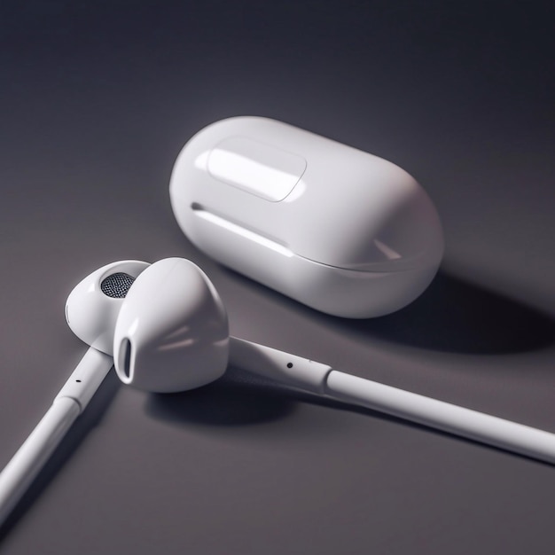 Apple iPhone 用 AirPods ワイヤレス Bluetooth ヘッドフォンと充電ケース新しい Apple Earpods Airpods ボックスの背景生成 AI