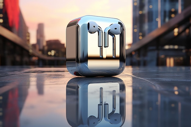 Photo airpods with a cityscape reflected in their glossy surface