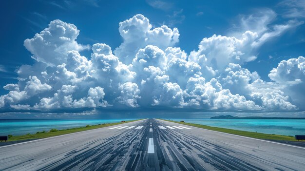 Photo airport asphalt runway surrounded by beautiful clouds