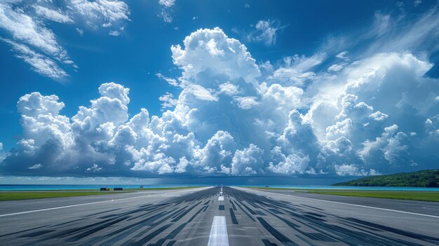 写真 美しい雲に囲まれた空港のアスファルトの滑走路