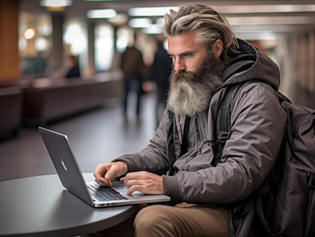 Photo airport bearded laptop using male in the style of canon eos 5d mark iv transfer net art