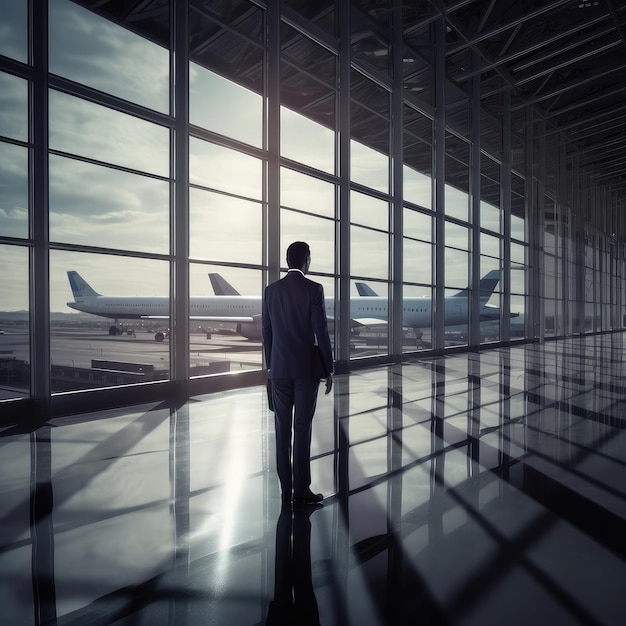 空港ターミナルの大きな窓から飛行機を眺める空港ビジネスマン生成AI