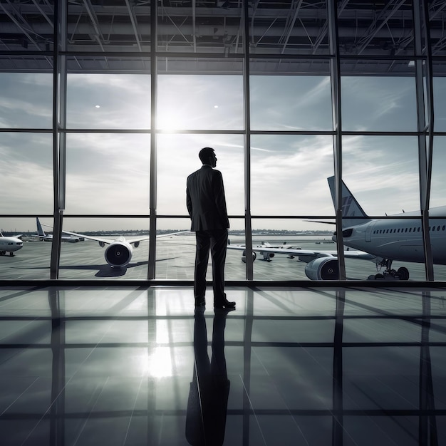 Airport businessman looking out of a large airport terminal window at the planes generative ai