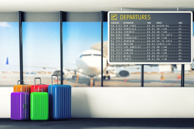 Airport Departures Table with Suitcases extreme closeup. 3d Rendering