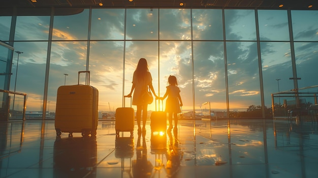 휴가, 휴가 또는 이민 여행을하는 공항 가족과 아이 부모와 작은 소녀가 공항의 로비에 있습니다.