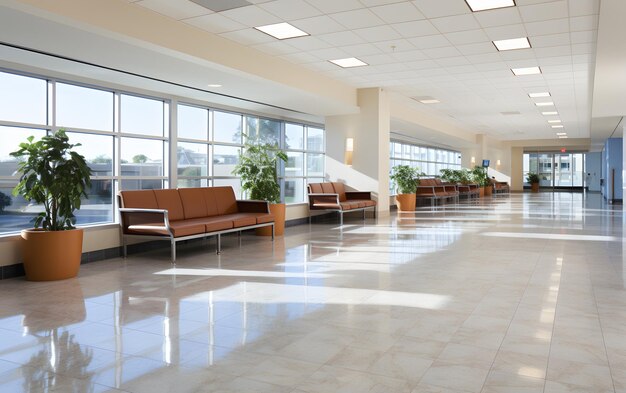 Airport interior with selfservice terminal for check in