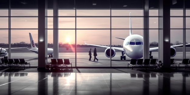 Airport interior with window sunset and airplane in background Picturesque