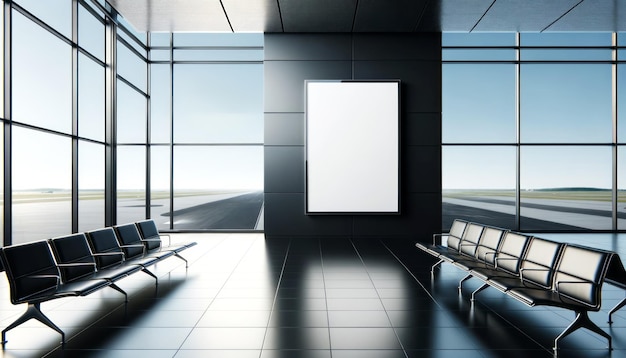 Foto interni della lounge dell'aeroporto con grandi finestre panoramiche e sedili moderni generative ai