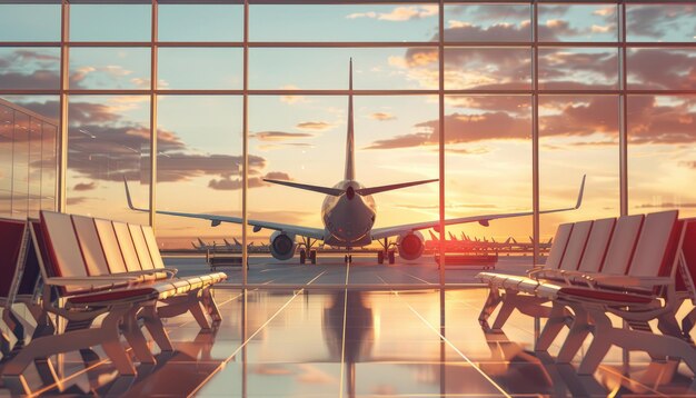 Airport lounge with airplanes on the background by ai generated image