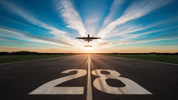 飛行場の滑走路は28番飛行機は地平線に離陸し景色が美しいシルス雲が