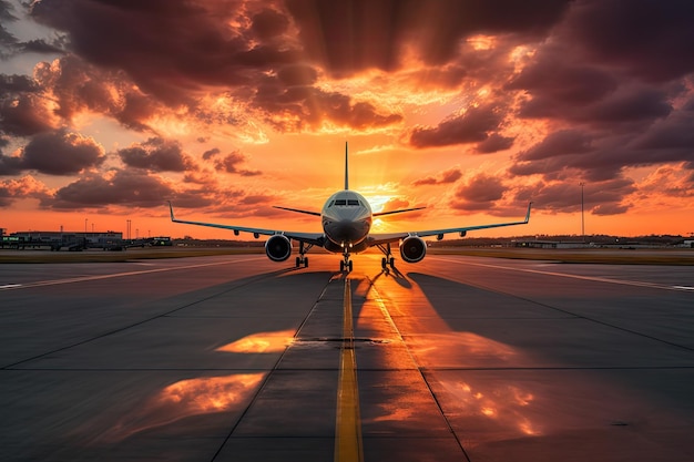 空港の滑走路の夕日のドラマチックで穏やかな航空シーン