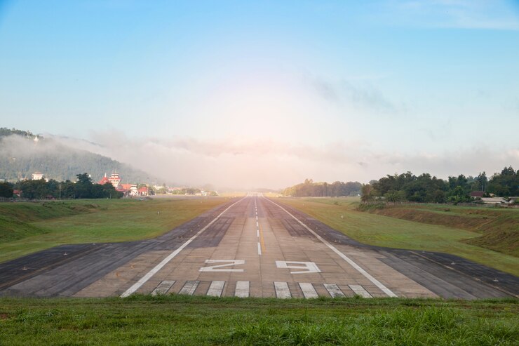 Photo airport runway with mountain in countryside