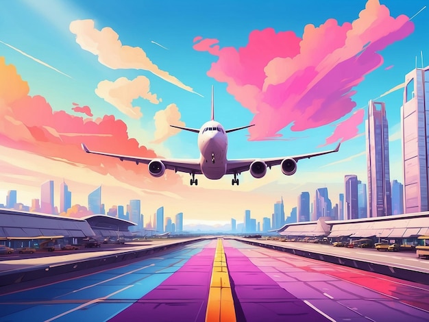 An airport runway with planes vibrant