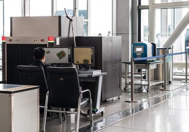 Airport security check point with metal detector