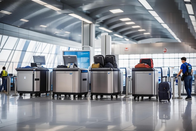 Airport security checkpoint with scanning luggages