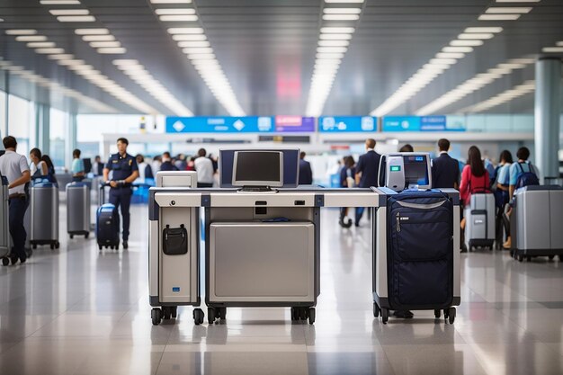 Airport security checkpoint with scanning luggages