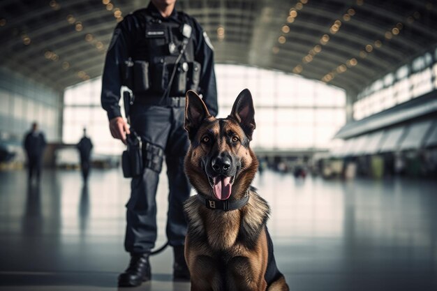 Foto cani della polizia di sicurezza aeroportuale con agenti di polizia che utilizzano unità di cani di ricerca di droghe negli aeroporti