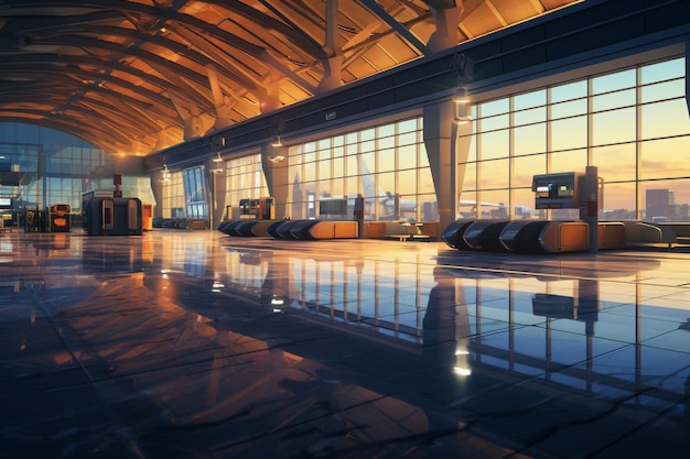 Airport terminal interior with reflection of sunset sky and airplane