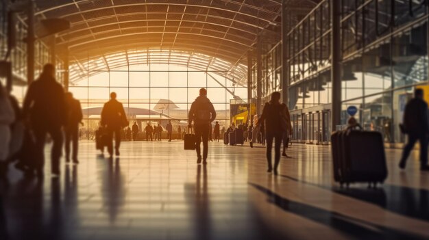 Airport terminal Travelers walking with a luggage at airport terminal