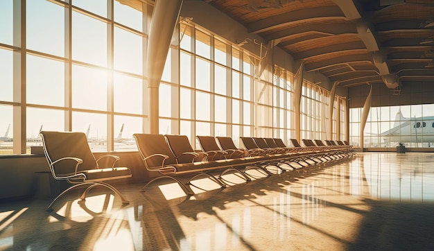 an airport terminal with empty chairs and some sunlight over the windows