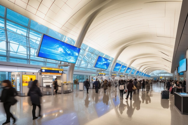 Терминал аэропорта с плавной архитектурой, яркими цифровыми дисплеями и движущимися пассажирами