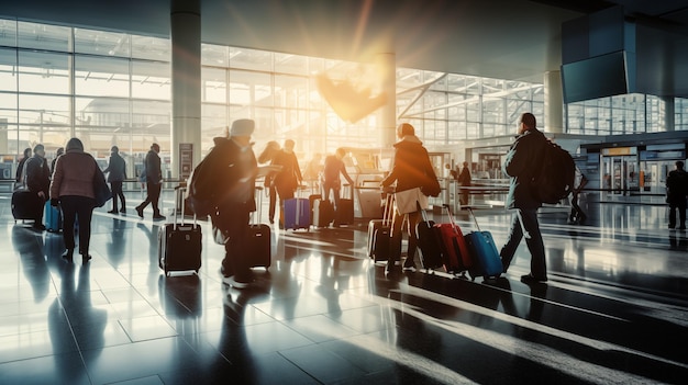 写真 モーションブラーの乗客を持つ空港ターミナル 旅行と観光のコンセプト