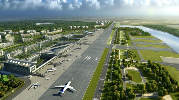 airport top arial dron viewtravel concept