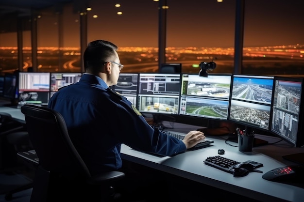 Photo airport traffic control team background with indoor scenery aircraft control room operators