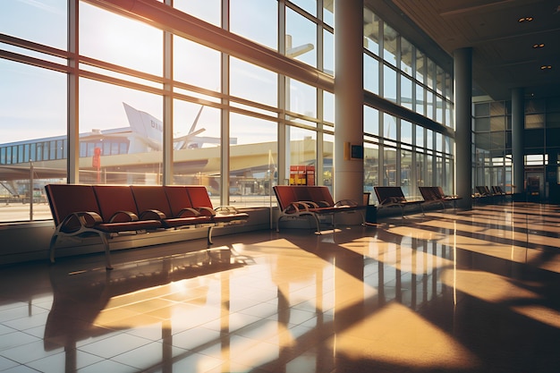 Foto spazio interno trasparente dell'aeroporto con finestre in vetro