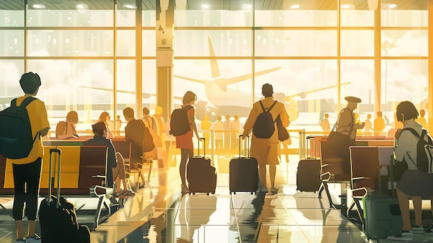 Airport Travel People Queuing and Waiting to Board Planes